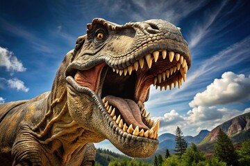 Fototapeta premium Large predatory dinosaur with huge teeth in a tilted angle