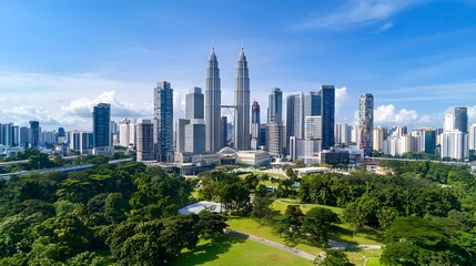 Obraz premium Panoramic view showcasing the modern cityscape with a mix of towering skyscrapers and lush green spaces highlighting the dynamic and sustainable urban environment