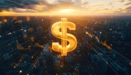 Golden 3D Dollar Sign Against Sunset Skyline