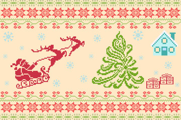Christmas pattern pixel vector illustration.Cross Stitch Embroidery and Knitted Sweater Pattern Design.Design for wrapping, carpet, wallpaper, sweater, scarf, comforter or clothes, fabric printing.