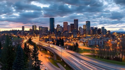 Fototapeta premium Panoramic view of a dynamic city skyline at dusk with the towering skyscrapers and high rises illuminated against the darkening sky and a steady flow of traffic below on the city streets and roads