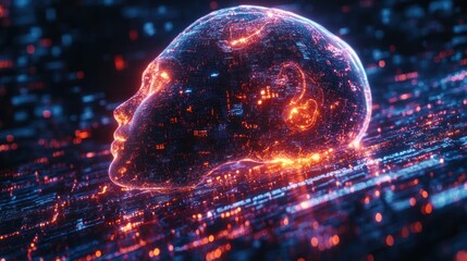 A glowing digital head amidst flowing data streams, symbolizing artificial intelligence.
