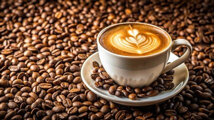 Latte coffee in cup with coffee beans in background