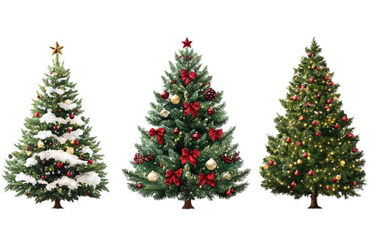 Three Decorated Christmas Trees with Ornaments and Lights