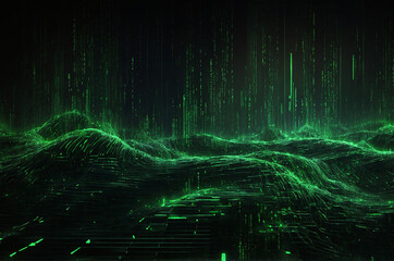 Digital matrix-inspired background featuring cascading green code on a black backdrop, with glowing grids and abstract patterns that enhance the tech feel.
