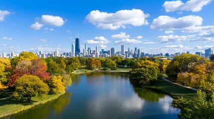 Fototapeta premium A panoramic view of a large serene urban park with a peaceful lake and the striking city skyline in the distance showcasing the blend of nature and modern architecture