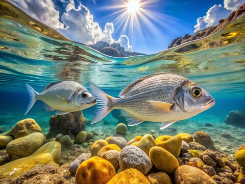 Juvenile White Seabream Underwater in Atlantic Ocean, Split View Over and Under Water with Rocks and Sunlight in
