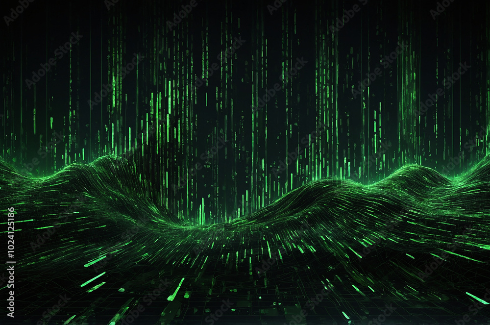Poster digital matrix-inspired background featuring cascading green code on a black backdrop, with glowing 