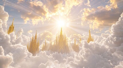 Heavenly Kingdom of Light - Surreal Christian Cityscape in the Clouds 3D Render Illustration