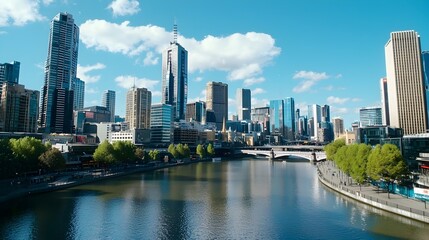 Fototapeta premium Expansive panoramic view of a sleek contemporary urban skyline with a river or waterway flowing through the heart of the metropolitan cityscape