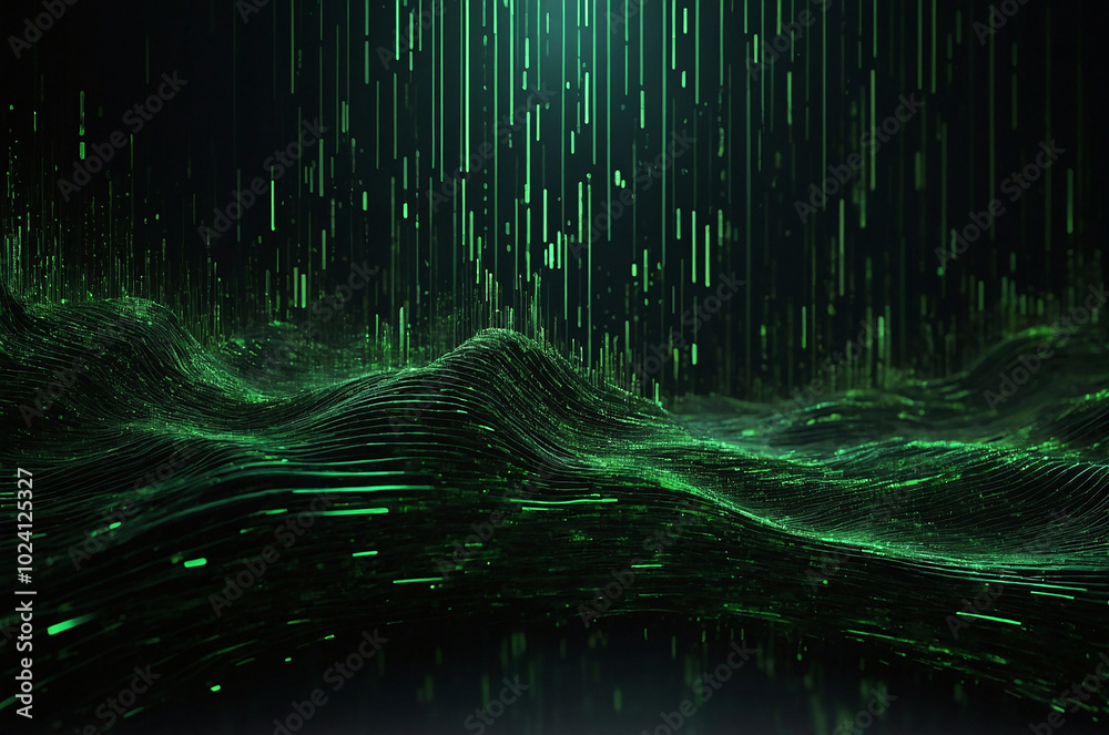 Poster digital matrix-inspired background featuring cascading green code on a black backdrop, with glowing 