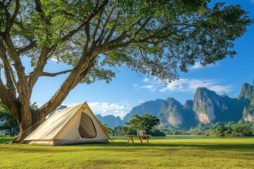 Camping tent on the grass under big trees. See the scenery of limestone mountains.