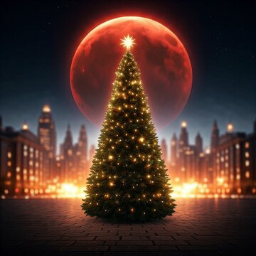 &Aacute;rvore de natal em noite de lua de sangue vermelha 
