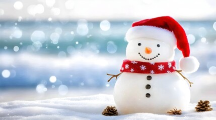 Obraz premium Smiling Snowman in a Santa Hat on a Winter Day