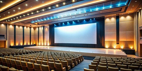 Obraz premium Large White Blank Screen Setup in Auditorium with Warm Tones - Perfect for Presentations and Events in Real