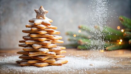 Layered cookie Christmas tree sprinkled with powdered sugar evokes the spirit of winter against the bright backdrop of a kitchen table Close-Up
