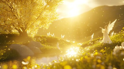 Angelic Celebration in Heavenly Meadow - Ultra-Detailed Christianity Heaven 3D Render Illustration