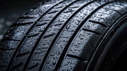 Close-Up of Car Tire with Rain Drops, Macro Photography in High Resolution
