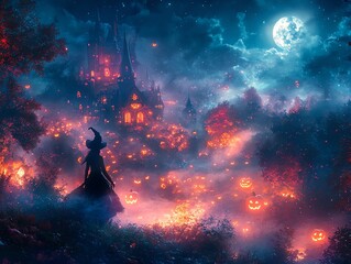 A witch gazes upon a town lit by jack-o-lanterns under a full moon.