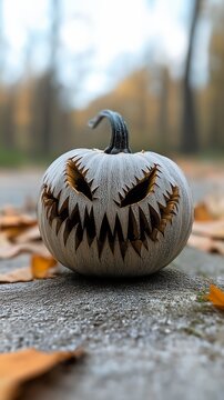 white pumpkin face painted devious evil expression split half armored long sharp teeth rising crypt hat ventail eerie