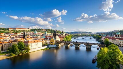 Obraz premium Panoramic view of an old European city with iconic historic architecture including towering cathedrals medieval castles and ancient bridges spanning a scenic river or canal