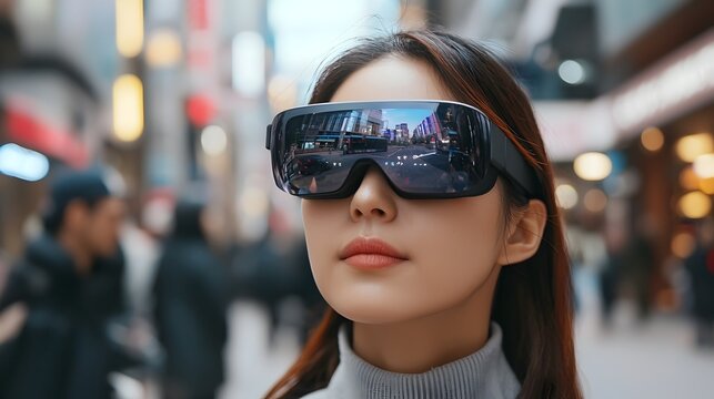 Young woman wearing augmented reality smart glasses interacting with digital overlays and interfaces while navigating a busy urban street environment  Concept of futuristic technology innovation