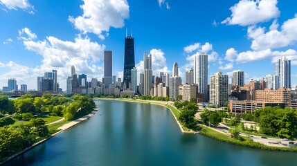 Naklejka premium Breathtaking panoramic view of a modern city skyline with towering high rise buildings and a tranquil river winding through the heart of the thriving metropolitan area