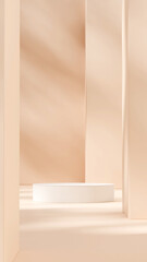 Fototapeta premium Bright 3d rendering scene mockup of white podium in portrait layout with shadow and pillar