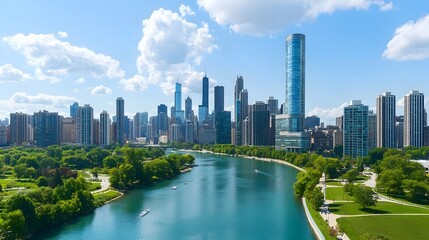 Obraz premium Panoramic view of a modern city skyline with towering high rise buildings and offices reflecting in the calm waters of a scenic river running through the heart of the dynamic metropolitan area