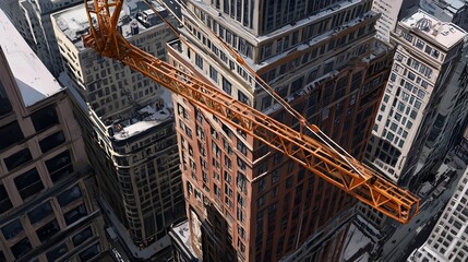 Fototapeta premium Skyscraper Construction with Cranes and Scaffolding in an Urban Setting Construction workers building a high rise commercial building in a bustling city
