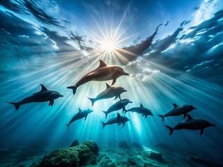 Long Exposure Underwater Scene of Dolphins Swimming with Scuba Diver Filming Marine Life
