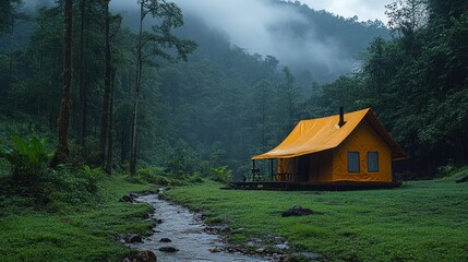 Serene camping scene with a yellow tent by a stream in the forest.