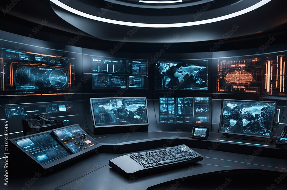 Poster futuristic control room background with illuminated screens and interfaces displaying real-time data