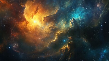 Obraz premium Cosmic Nebula with Golden and Blue Swirls and Scattered Stars