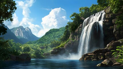 Majestic waterfall cascading over rugged rocks into a serene tranquil pool below surrounded by a lush verdant landscape of vibrant greenery and foliage