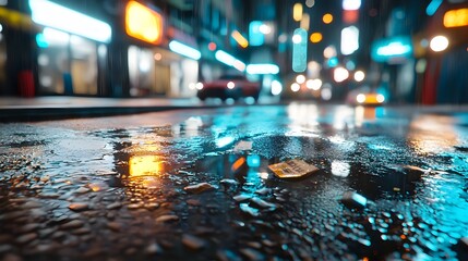 Futuristic cityscape with towering skyscrapers and neon lights reflecting off the wet pavement under a night sky  The scene evokes a cyberpunk dystopian atmosphere with a modern technological feel
