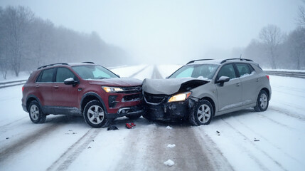 Two cars involved in a collision on a snowy road during winter