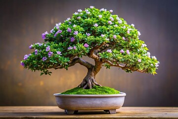 Leafy bonsai with small green leaves and small white and violet flowers on a white background