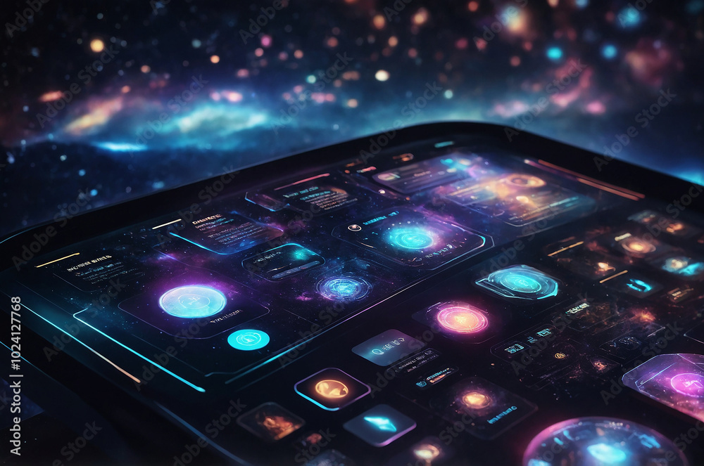 Poster futuristic interface design showcasing holographic buttons and menus, set against a dark, starry bac