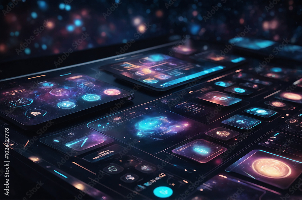 Poster futuristic interface design showcasing holographic buttons and menus, set against a dark, starry bac