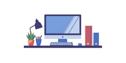 Illustration of a Desk with a Computer, Desk Lamp, Plant, Pencils, Keyboard, and Books