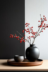 Black vase with red berries on a tray.