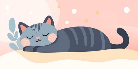 Cute Sleeping Cat Illustration on a Soft Pink Background