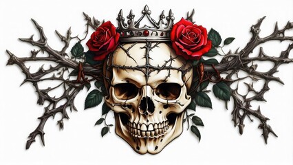 Fototapeta premium A dramatic skull sticker with a crown of thorns and a rose between its teeth, isolated on white background.