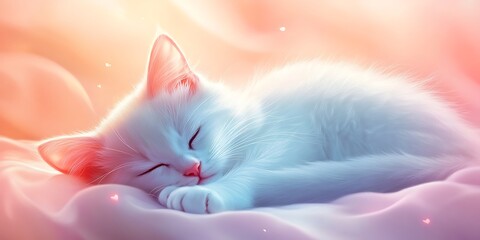 Cute White Kitten Sleeping on Soft Pink Blanket Illustration