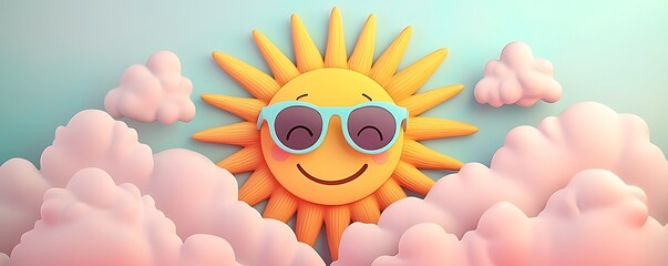 Smiling Sun in Sunglasses with Fluffy Pink Clouds 3D Illustration