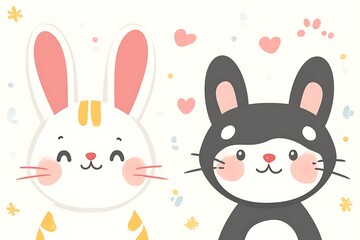Cute Cartoon Illustration of a White Rabbit and Black Bunny with Pink Cheeks and Hearts