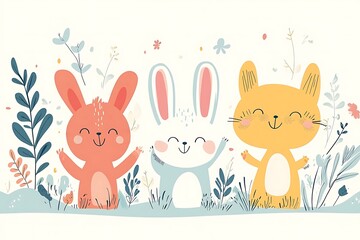 Cute Cartoon Illustration of Bunnies and a Cat in a Meadow