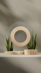 3d rendering mockup light brown podium in portrait with snake plant, glass, and circle backdrop