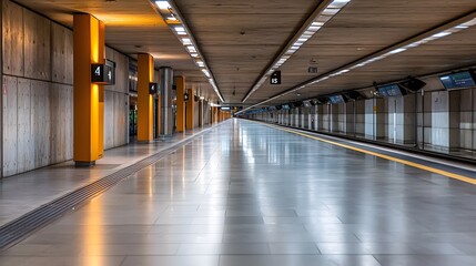 Panoramic view of a modern minimalist designed train station with a sleek glass and steel architecture featuring a spacious concourse platforms and a clean
